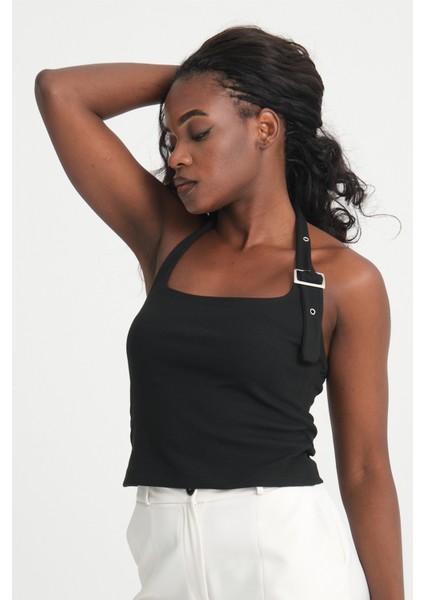 Mena Kadın Boyundan Geçme Kemer Detaylı Ön Çift Kat Slim Kalıp Örme Bluz & Tshirt & Tişört - Siyah modelleri