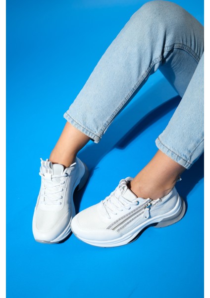 Oude Beyaz Kadın Fermuarlı Kalın Taban Spor Sneakers
