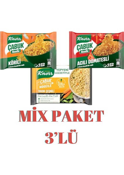 Çabuk Noodle Mix 3'lü Paket (Körili, Acılı Domatesli, Tavuk Çeşnili)