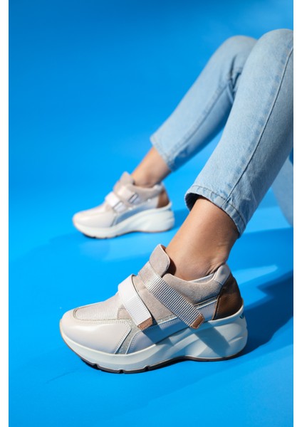 Berge Bej Rose Kadın Cırtlı Dolgu Taban Spor Sneakers