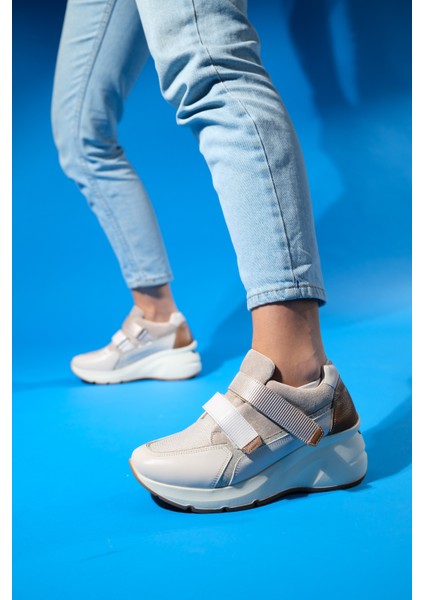 Berge Bej Rose Kadın Cırtlı Dolgu Taban Spor Sneakers