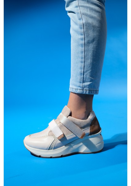 Berge Bej Rose Kadın Cırtlı Dolgu Taban Spor Sneakers