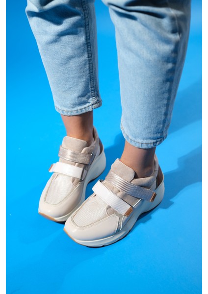 Berge Bej Rose Kadın Cırtlı Dolgu Taban Spor Sneakers
