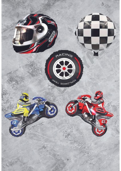 Motorsiklet Motorcu Kaskı Yarış Lastiği ve Damalı Folyo Balon Seti