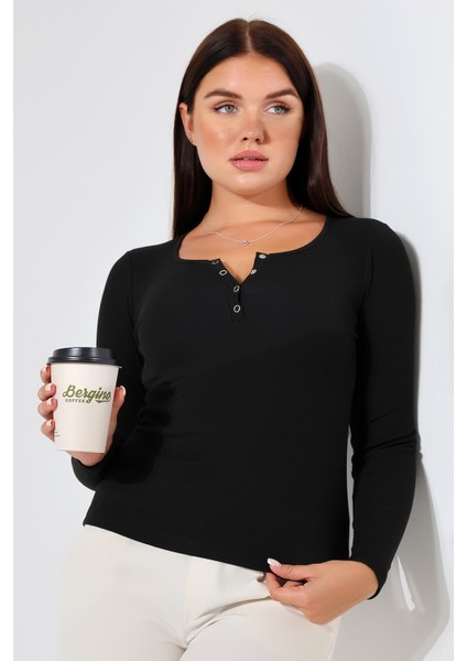 Ruvi Kadın U Yaka Patlı Uzun Kollu Penye Bluz & Body & Tshirt & Tişört - Siyah
