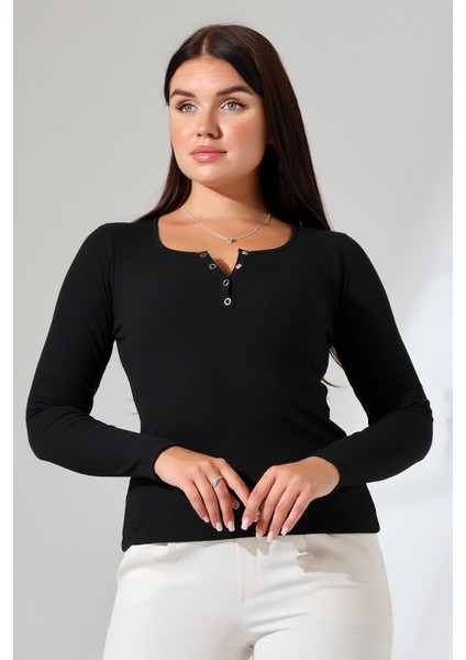 Ruvi Kadın U Yaka Patlı Uzun Kollu Penye Bluz & Body & Tshirt & Tişört - Siyah modelleri