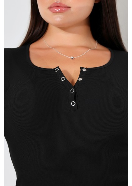 Ruvi Kadın U Yaka Patlı Uzun Kollu Penye Bluz & Body & Tshirt & Tişört - Siyah fırsatları