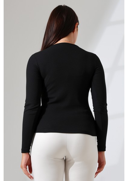 Ruvi Kadın U Yaka Patlı Uzun Kollu Penye Bluz & Body & Tshirt & Tişört - Siyah indirimleri