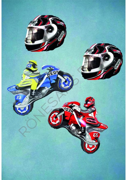 Motorsiklet Mavi-Kırmızı ve Motorcu Kaskı Folyo Balon Seti