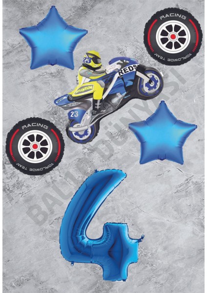 Motorsiklet-Yarış Lastiği ve Mavi Rakam Yıldız Folyo Balon Seti Yaş-4