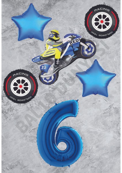 Motorsiklet-Yarış Lastiği ve Mavi Rakam Yıldız Folyo Balon Seti Yaş-6