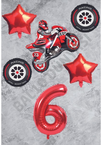 Motorsiklet-Yarış Lastiği ve Kırmızı Rakam Yıldız Folyo Balon Seti Yaş-6