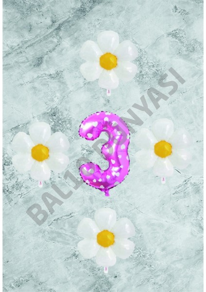 Pembe Puanlı Rakam ve Papatya Folyo Balon Seti Yaş 3