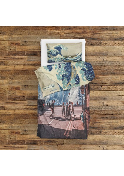 Kanagawa Oki Nami Ura & Flow Of Life Çift Taraflı Nevresim Takımı - 200 Cm X 220 Cm