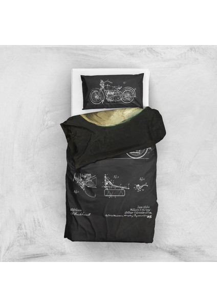 Harley Davidson Model Chalkboard & Skeleton With Burning Cigarette Nevresim Takımı - 200 Cm X 220 Cm