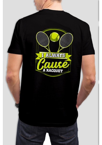 Tenis Raket Baskılı Siyah Tişört C1044