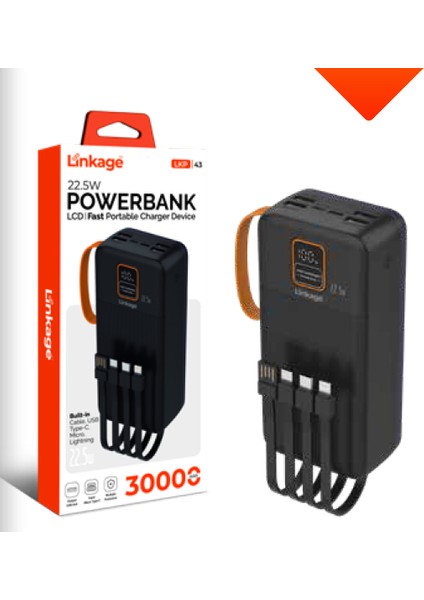 30.000 Mah 4xusb LCD Ekranlı 22.5W Dahili Mikro, Type-C, Lightning Powerbank Lkp-43