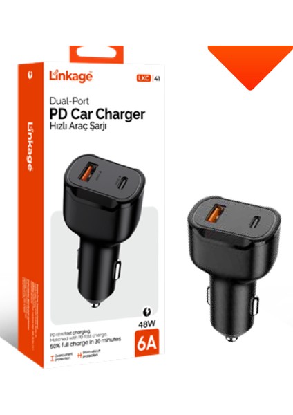 48W, 6A Usb-C+Usb-A Girişli Hızlı Araç Içi Şarj Cihazı Lkc-41