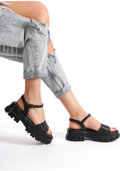 Kadın Siyah Merly Yüksek Taban Ortopedik Bilekten Bağlamalı Sandalet