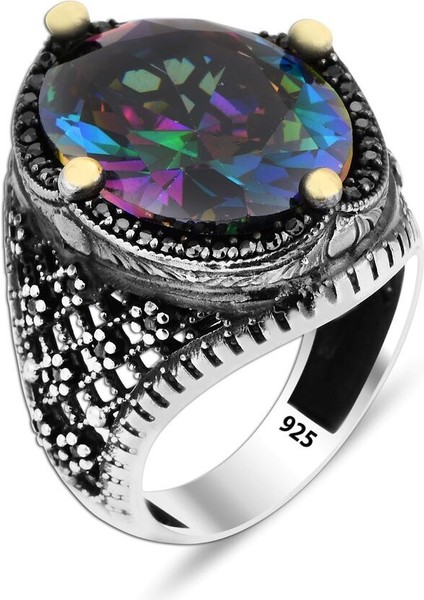 925 Ayar Mystic Topaz Erkek Yüzük, Siyah Rodyum Kaplama Gümüş, Türk El Yapımı Lüks Aksesuar