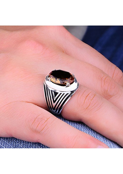 12X16MM Oval Zultanit Taşlı Gümüş Erkek Yüzük, Renk Değişimi Taşlı Yüzük, Türk Diaspora Erkek Yüzük