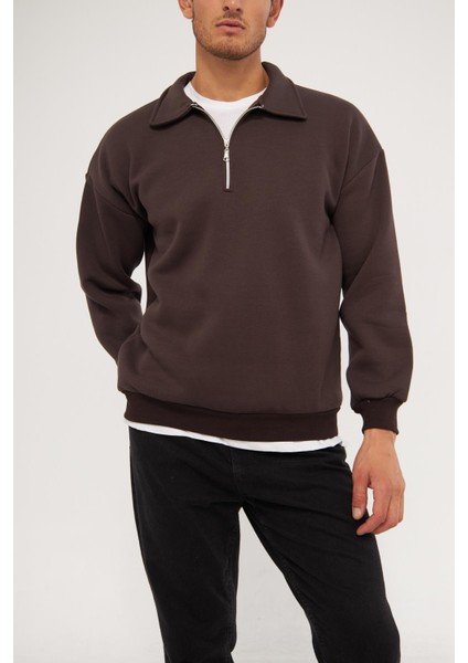 Erkek Polo Yaka Oversize Yarım Fermuarlı Sweatshirt
