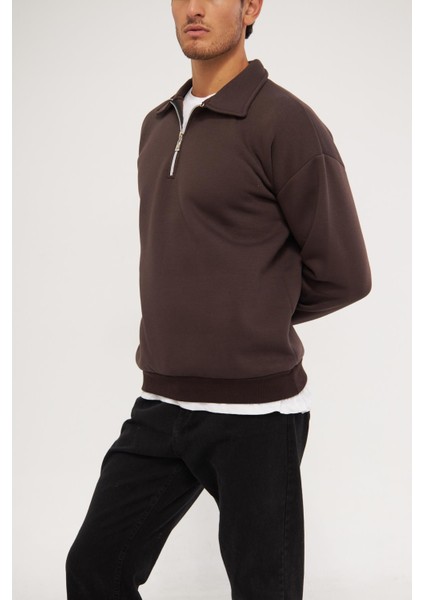 Erkek Polo Yaka Oversize Yarım Fermuarlı Sweatshirt