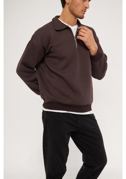 Erkek Polo Yaka Oversize Yarım Fermuarlı Sweatshirt