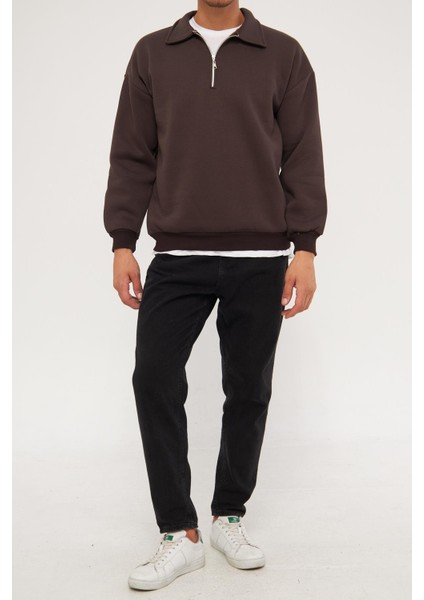 Erkek Polo Yaka Oversize Yarım Fermuarlı Sweatshirt