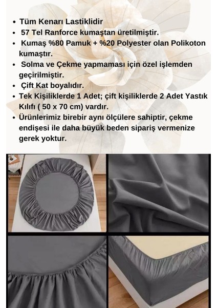 Gri Renkli Pamuklu Ranforce Kumaştan Tek / Çift Kişilik Fitted Lastikli Çarşaf Takımı