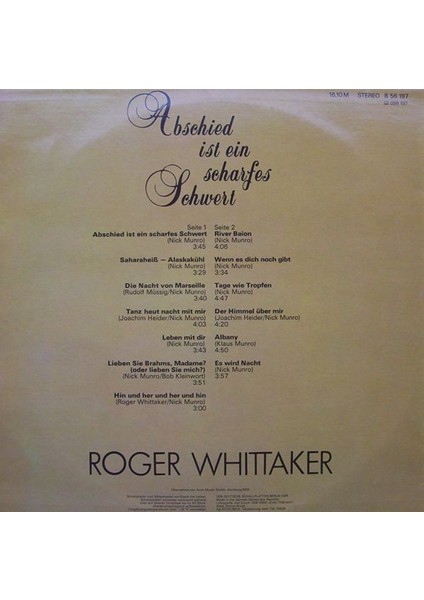 Roger Whittaker – Abschied Ist Ein Scharfes Schwert Pop Tarz Plak Alithestereo