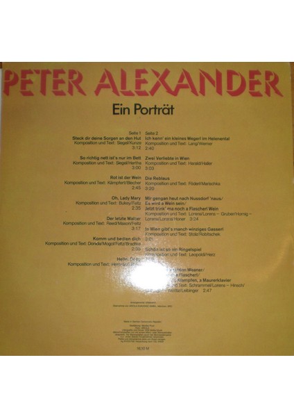 Peter Alexander – Ein Porträt Pop Tarz Plak Alithestereo