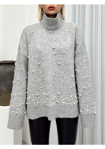 Balıkçı Yaka Inci Detaylı Oversize Triko Kazak Gri 8240 fiyatları