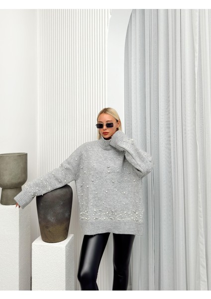 Balıkçı Yaka Inci Detaylı Oversize Triko Kazak Gri 8240 modelleri