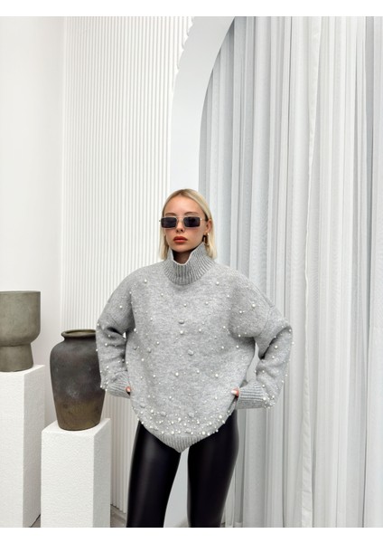 Balıkçı Yaka Inci Detaylı Oversize Triko Kazak Gri 8240 fırsatları