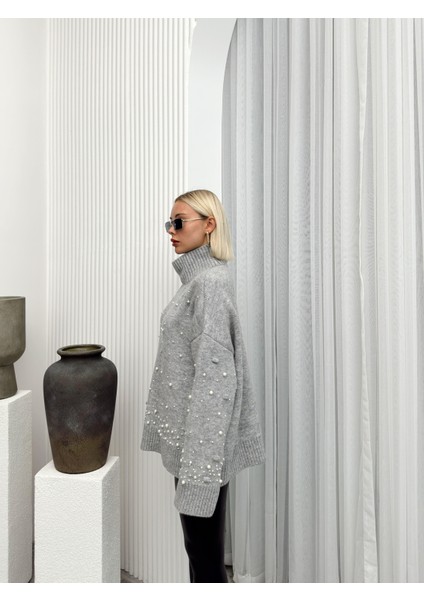 Balıkçı Yaka Inci Detaylı Oversize Triko Kazak Gri 8240 indirimleri