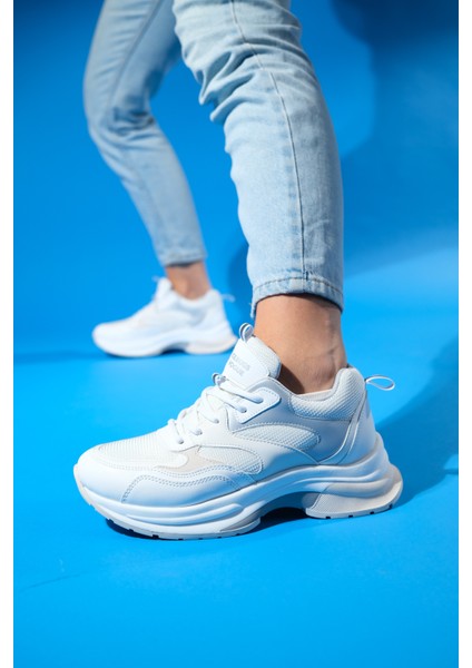Crown Beyaz Gri Bağcıklı Kadın Kalın Taban Spor Sneakers