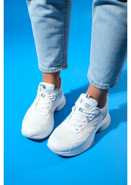 Crown Beyaz Gri Bağcıklı Kadın Kalın Taban Spor Sneakers fırsatları