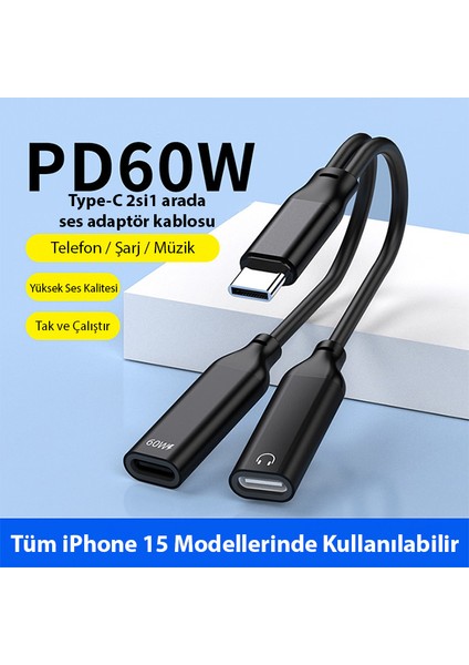 Iphone 15 Için Type-C Şarj + Kulaklık 2in1 Çevirici Adaptör 60W