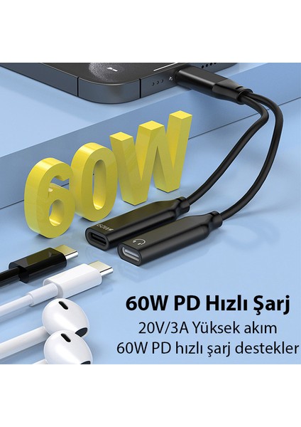 Iphone 15 Için Type-C Şarj + Kulaklık 2in1 Çevirici Adaptör 60W