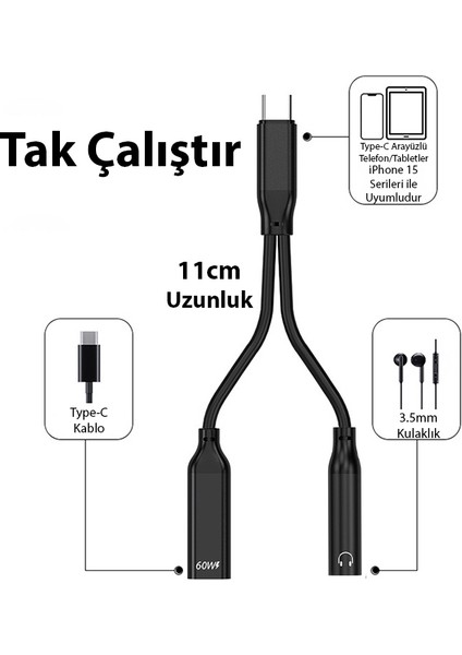 Iphone 15 Için Type-C Şarj + 3.5mm Kulaklık 2in1 Çevirici Adaptör