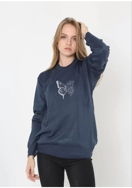 Stil Aura Unisex Bisiklet Yaka Baskılı Dokuma Triko - Indigo