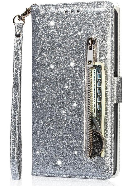 IPhone 14 Için Fermuarlı Cebi Durumda Pro Manyetik Kapatma Pu Deri Glitter (Yurt Dışından)