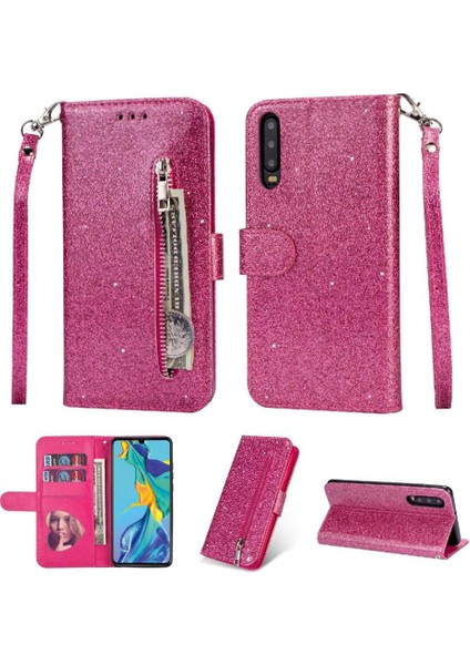 Huawei P30 Pu Deri Glitter Cüzdan Kılıf Kartı Için Fermuarlı Cebi Durumda (Yurt Dışından)