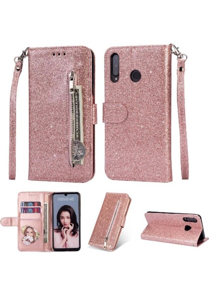 Huawei P30 Lite Glitter Cüzdan Kılıf Bilek Kayışı Için Fermuarlı Cebi Durumda (Yurt Dışından)