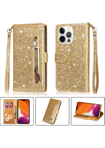 IPhone 13 Için Fermuar Cep Durumda Pro Max Pu Deri Glitter Cüzdan Kılıf (Yurt Dışından)