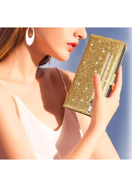 IPhone 13 Için Fermuar Cep Durumda Pro Max Pu Deri Glitter Cüzdan Kılıf (Yurt Dışından)