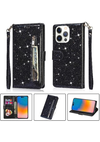 IPhone 14 Için Fermuar Cep Durumda Pro Max Kart Tutucu Pu Deri Glitter (Yurt Dışından)