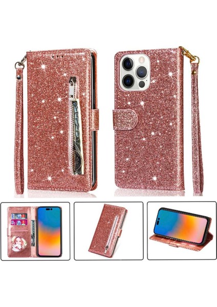 IPhone 14 Için Fermuar Cep Durumda Pro Max Kart Tutucu Pu Deri Glitter (Yurt Dışından)