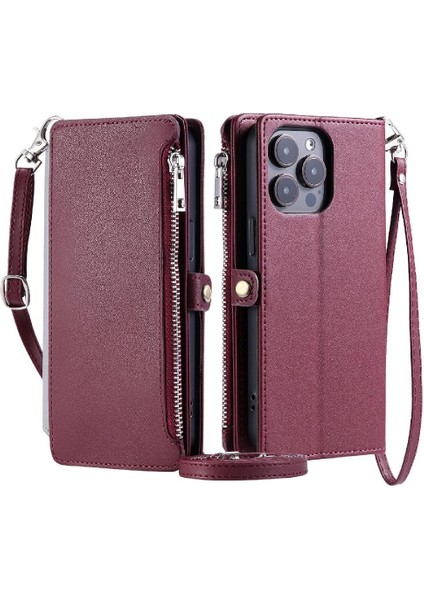 Crossbody Durumda IPhone 15 Pro Max Uzun Kordon 9 Kart Yuvaları Fermuar Yuvası (Yurt Dışından)
